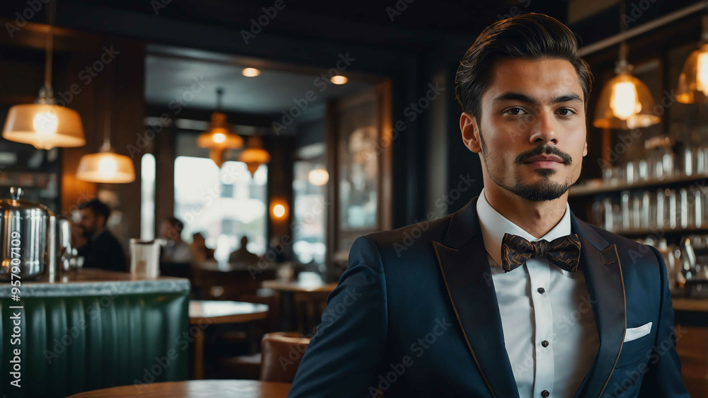 Fototapeta premium guy formal wear in Upscale coffee shop background