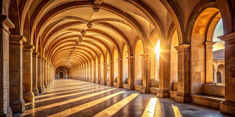 Fototapeta premium Historical arcade bathed in sunlight with rhythmic arches leading to the past