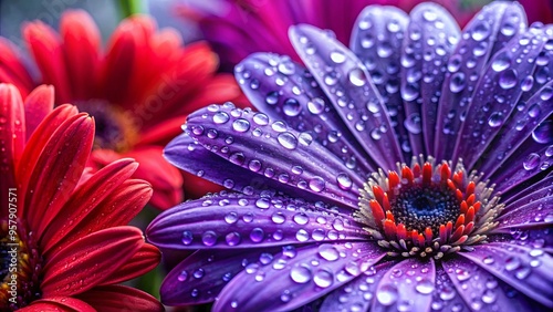 Close-up shot of a purple flower with water droplets on petals, with a red flower in the foreground