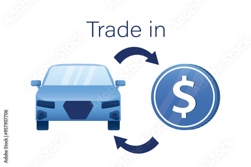 Used car sales. Car trade in exchange, vehicle change replacement. Carsharing service, rental auto. Modern automobile replace pictogram during insurance repair