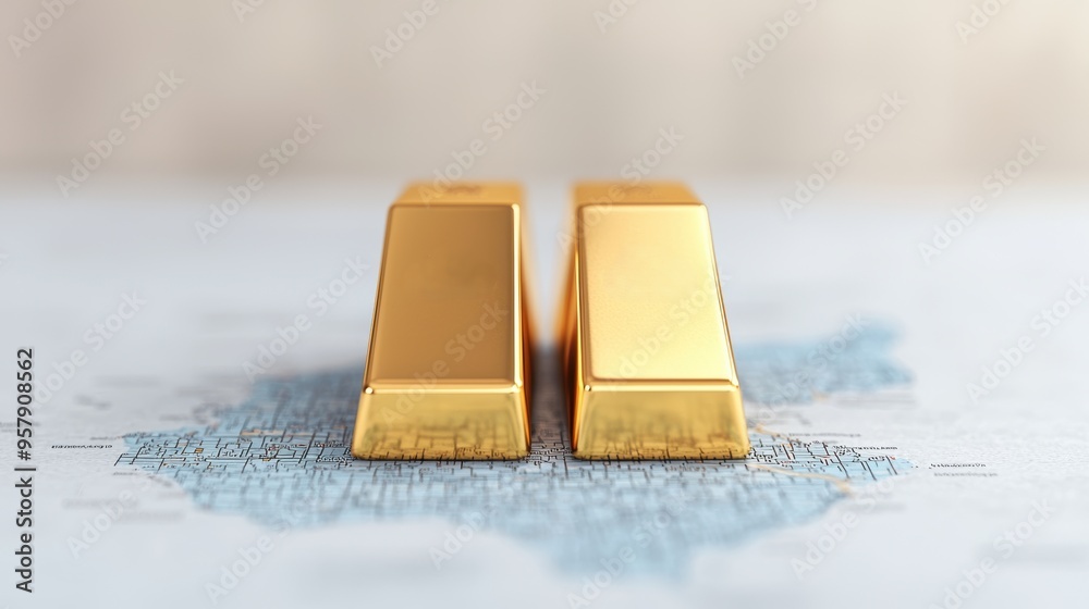 Wealth Navigation - Gold Bars with Map for Investment Guidance, Financial Planning Concept in with Copy Space Wealth Navigation - Gold Bars with Map for Investment Guidance, Financial Planning Concept in with Copy Space