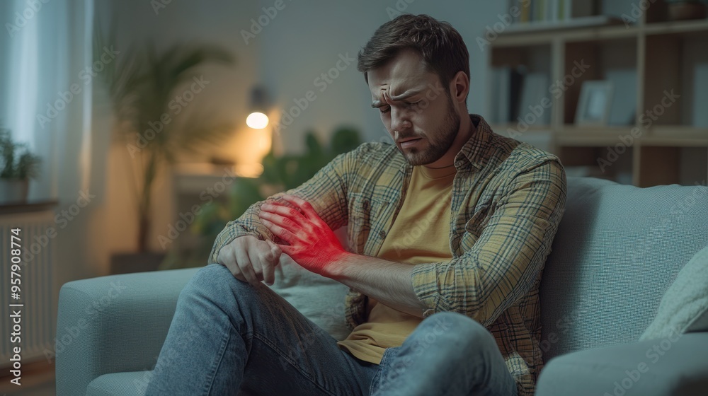 Obraz premium Man sitting on a couch, holding his hand in pain.