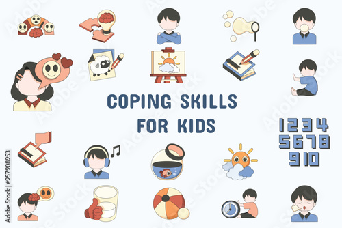 Coping Skills for Kids Lineal Color Vector Illustration Icon Sticker Set Design Materials