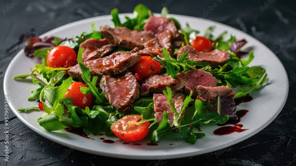Salad with meat and cherry tomatoes on white plate against dark backdrop Salad with meat and cherry tomatoes on white plate against dark backdrop