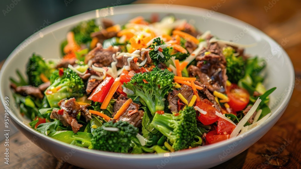 Salad with meat broccoli veggies and cheese Salad with meat broccoli veggies and cheese