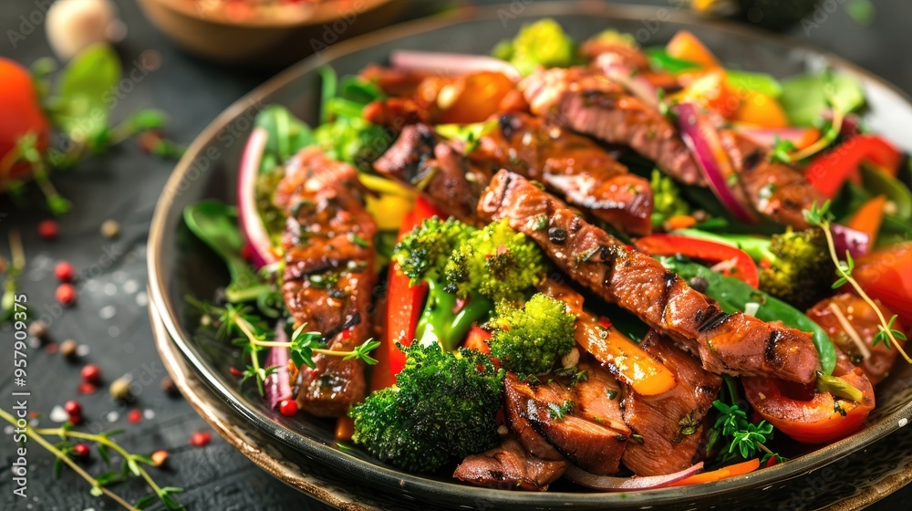 Salad with meat broccoli veggies and cheese Salad with meat broccoli veggies and cheese
