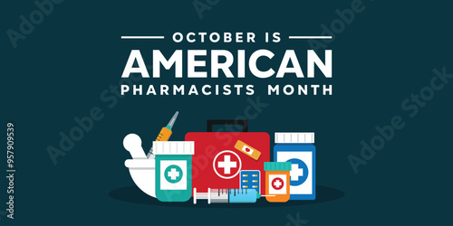 American Pharmacists Month. Medicines, syringe and more. Great for cards, banners, posters, social media and more. Dark background.