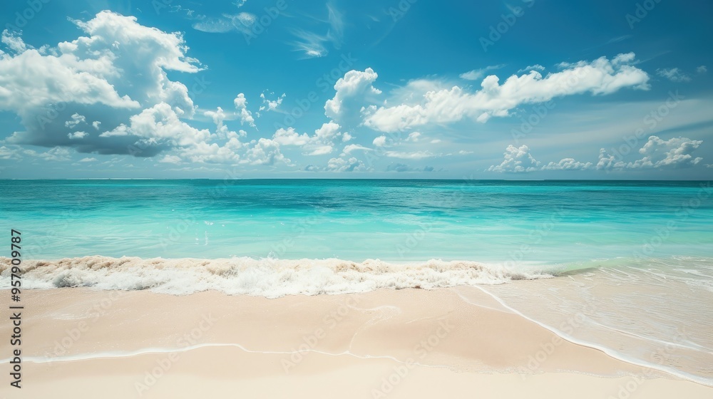 Obraz premium Sandy beach and ocean view with room for text Concept of vacation getaway