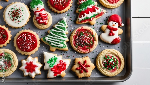 A tray of freshly baked Christmas cookies decorated with icing and sprinkles.