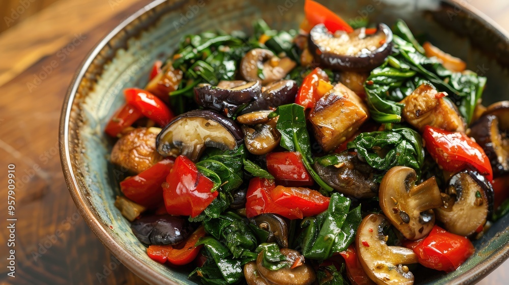Sauteed vegetables with mushrooms eggplants and spinach Sauteed vegetables with mushrooms eggplants and spinach