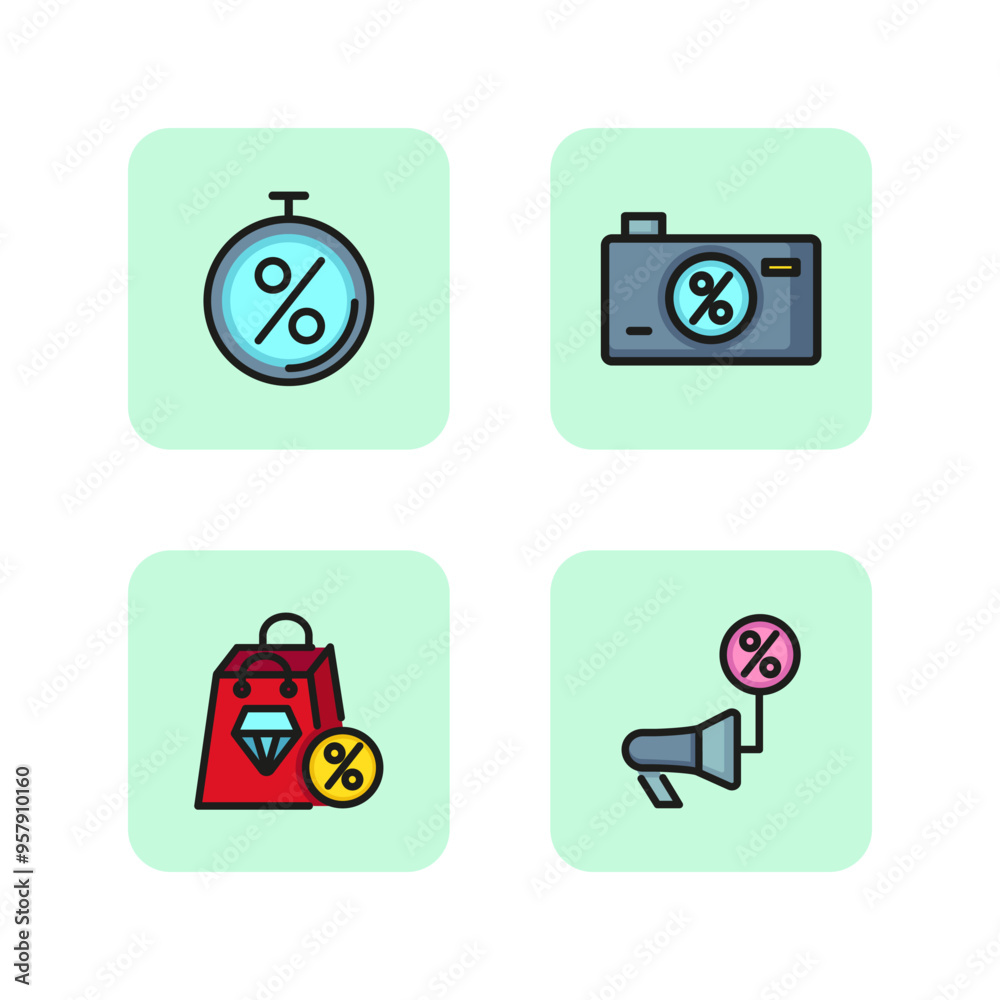 Discounts in stores line icon set. Sale of electronics and jewelry. Profitable purchases concept. Vector illustration for web design and apps Discounts in stores line icon set. Sale of electronics and jewelry. Profitable purchases concept. Vector illustration for web design and apps