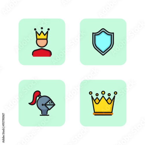 Kingdom line icon set. Knights helmet, shield, king and crown. Medieval concept. Vector illustration for web design and apps