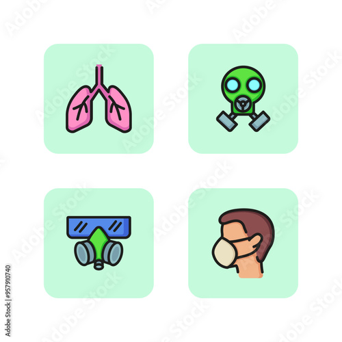 Respiratory protection line icon set. Gas mask, respirator, clean lungs and man in protective mask. Health care concept. Vector illustration for web design and apps