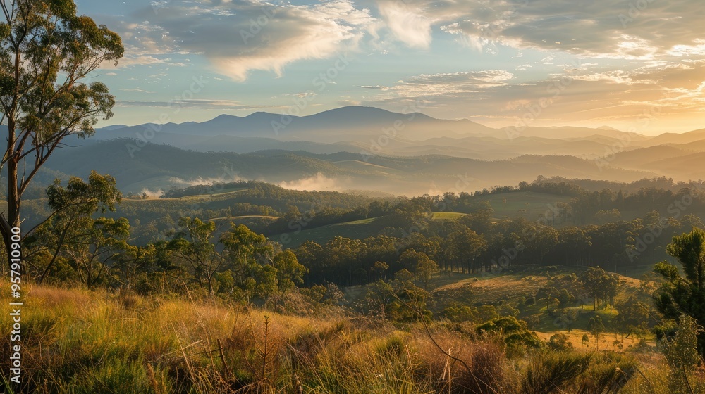 Scenic outlook over hills and valleys Scenic outlook over hills and valleys