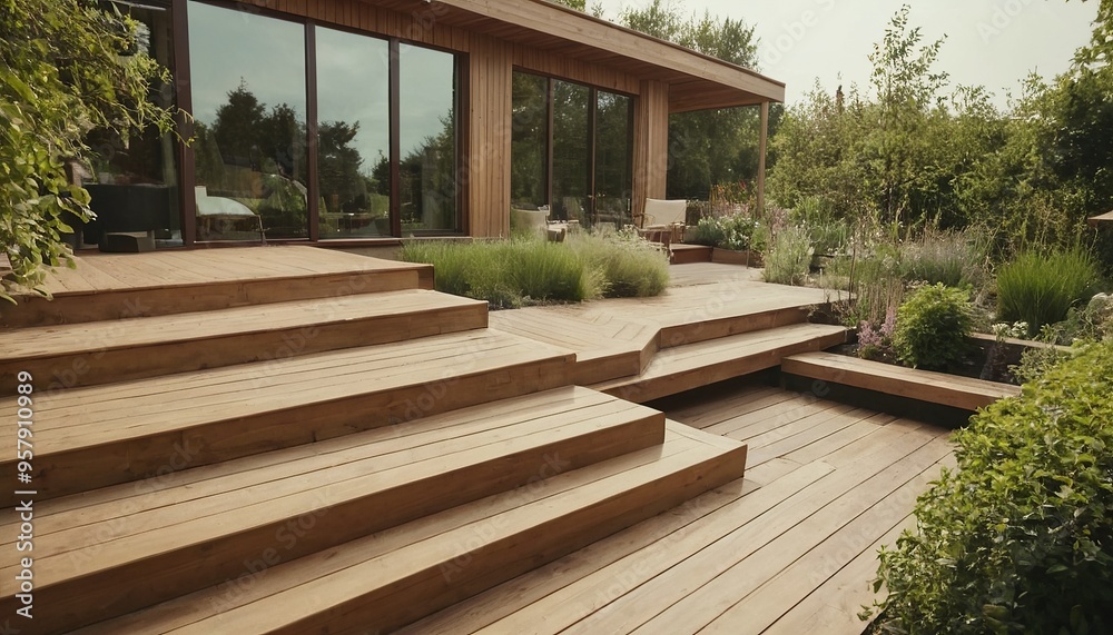House with outdoor stairs leading to grassy yard glass door tables chairs at relaxing outdoor living area With copyspace for text 124 House with outdoor stairs leading to grassy yard glass door tables chairs at relaxing outdoor living area With copyspace for text 124