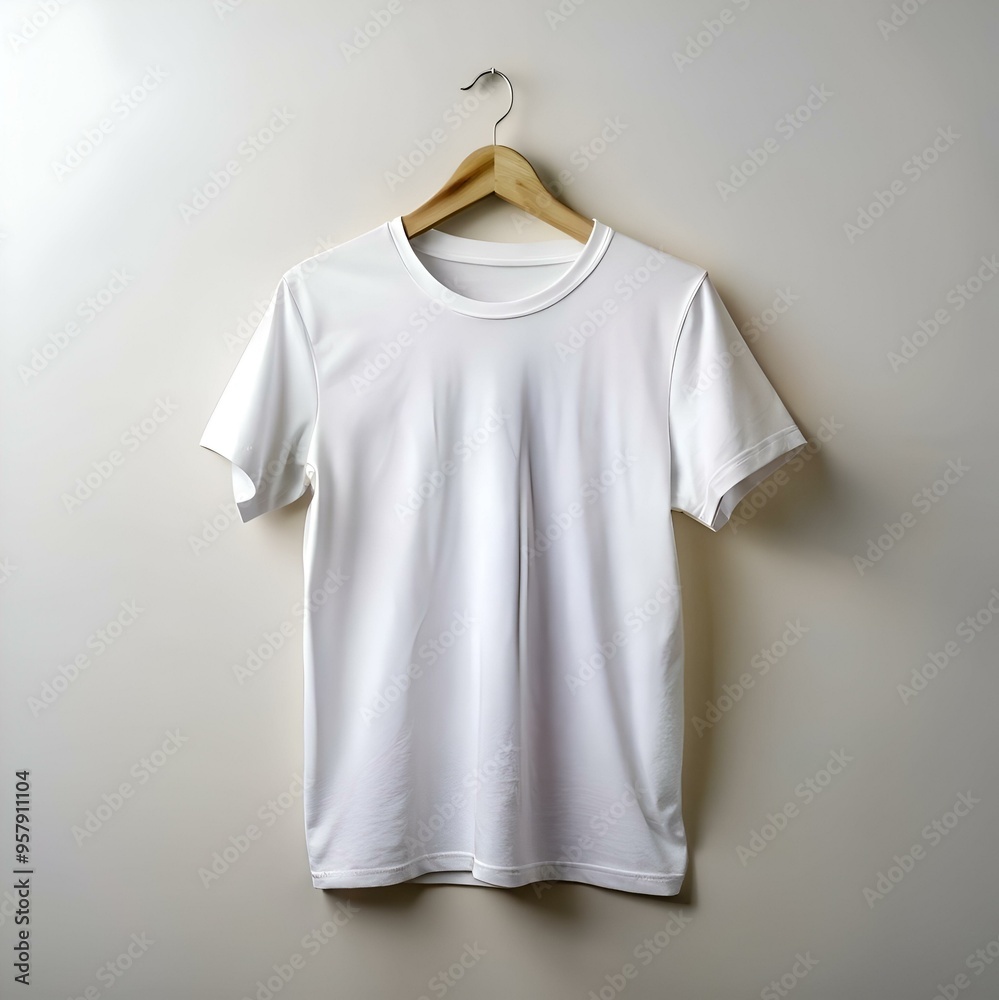 A clean. white t shirt mockup hanging on a wooden hanger. perfect for showcasing your designs. A clean. white t shirt mockup hanging on a wooden hanger. perfect for showcasing your designs.