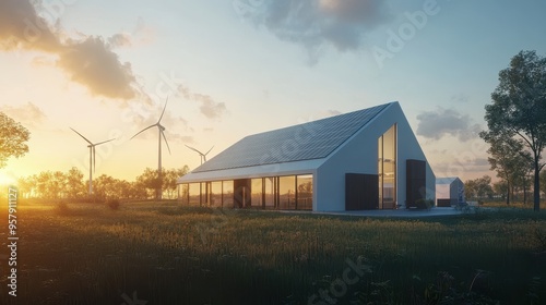 Sustainable Energy Solution: Renewable Powered Home at Sunset