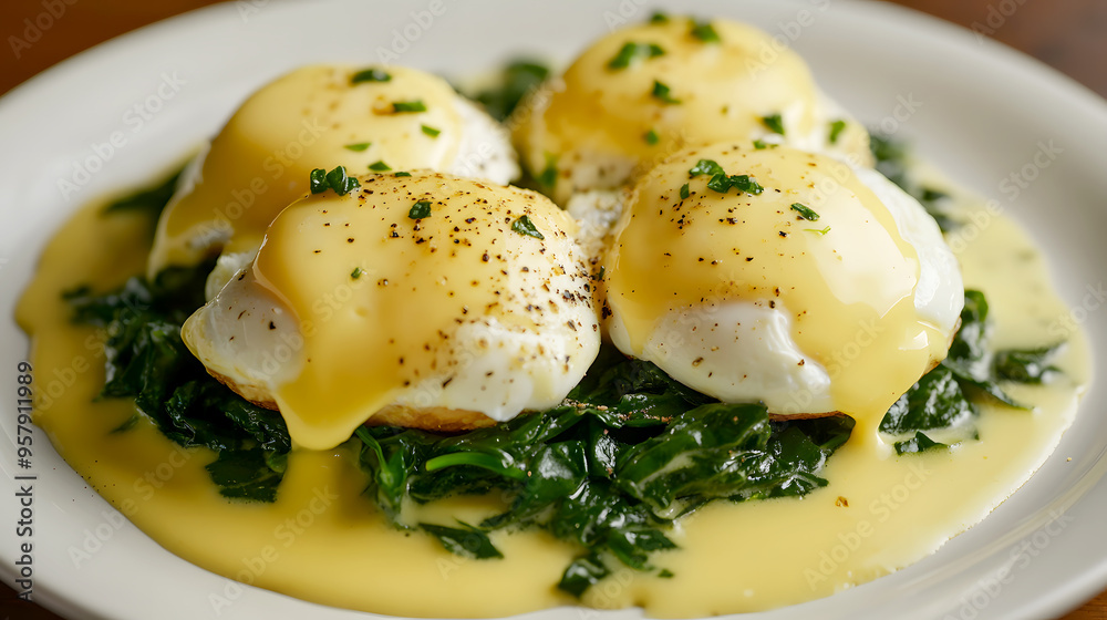 plate of Eggs Florentine, with poached eggs on a bed of sautéed spinach, topped with hollandaise sauce plate of Eggs Florentine, with poached eggs on a bed of sautéed spinach, topped with hollandaise sauce
