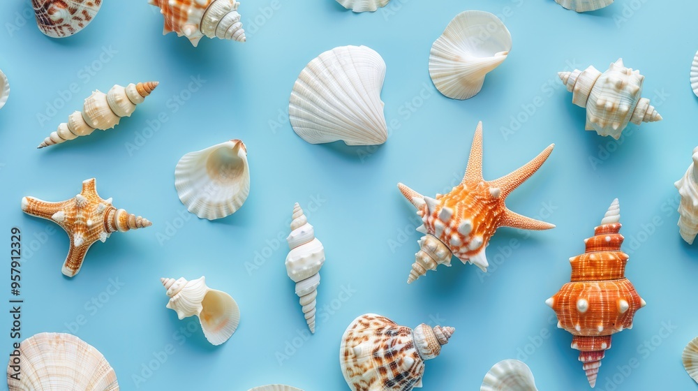 Obraz premium Sea shells on blue background