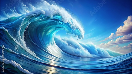 Fototapeta Naklejka Na Ścianę i Meble -  Vibrant blue background with a detailed wave design in the center