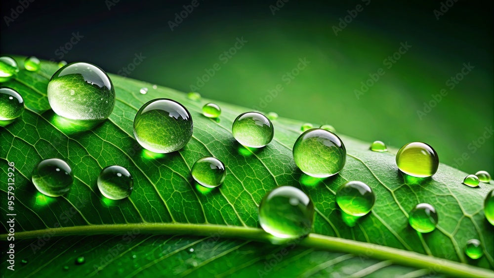 Close-up of water droplets on a green leaf against a dark green background Close-up of water droplets on a green leaf against a dark green background