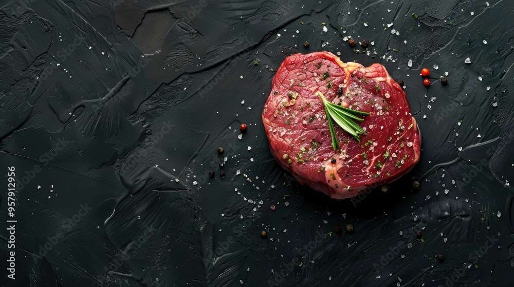 Seasoned raw steak on black surface overhead view Seasoned raw steak on black surface overhead view