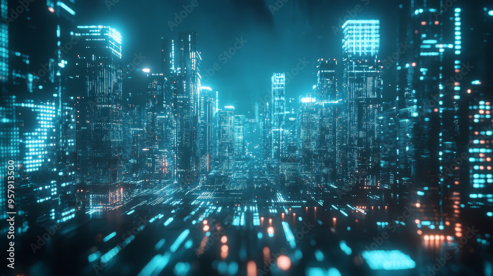 Fototapeta premium A captivating 3D render depicting a cyberpunk night cityscape. The scene is set in a dark, futuristic city with towering skyscrapers and sprawling urban infrastructure. The city is illuminated by vibr