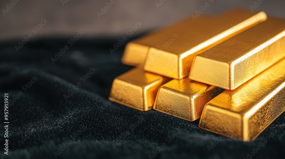 Glowing Scattered Gold Bars on Black Velvet Cloth - Luxury and Wealth Concept with Copy Space, Selective Focus, Ultra HD