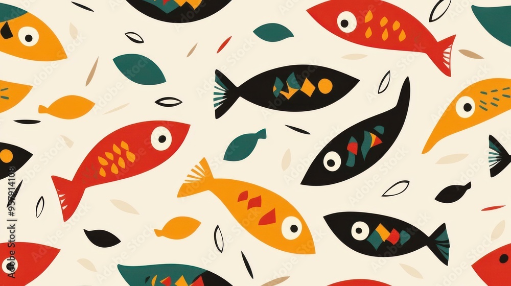 Vibrant fish motifs in bold colors on a neutral backdrop, perfect for adding a modern touch to any decor style. Vibrant fish motifs in bold colors on a neutral backdrop, perfect for adding a modern touch to any decor style.