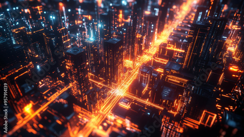 A captivating 3D render depicting a cyberpunk night cityscape. The scene is set in a dark, futuristic city with towering skyscrapers and sprawling urban infrastructure. The city is illuminated by vibr