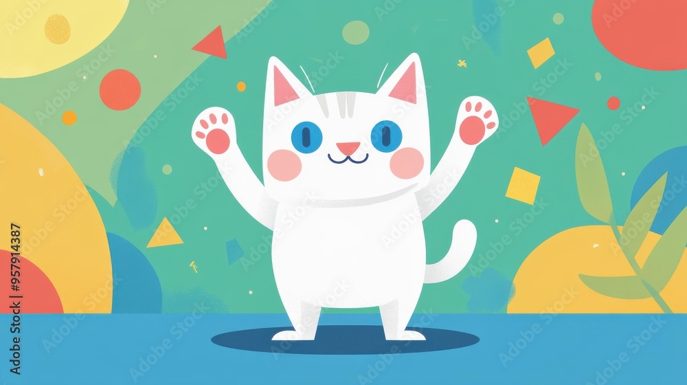 Experience joy with this cheerful white cat, its bright gaze and sweet smile brought to life by colorful cartoons. Experience joy with this cheerful white cat, its bright gaze and sweet smile brought to life by colorful cartoons.