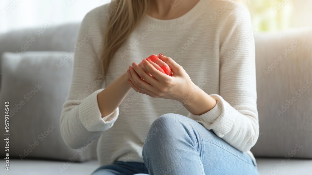 Close-up of a woman's hands squeezing a red stress ball while sitting on a couch. Close-up of a woman's hands squeezing a red stress ball while sitting on a couch.