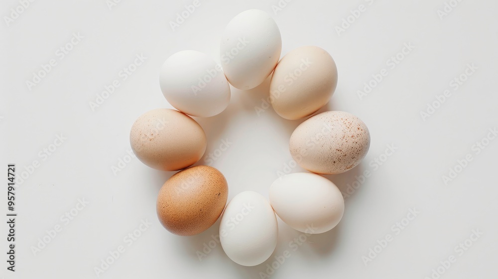 Seven eggs in circular formation on white backdrop Seven eggs in circular formation on white backdrop