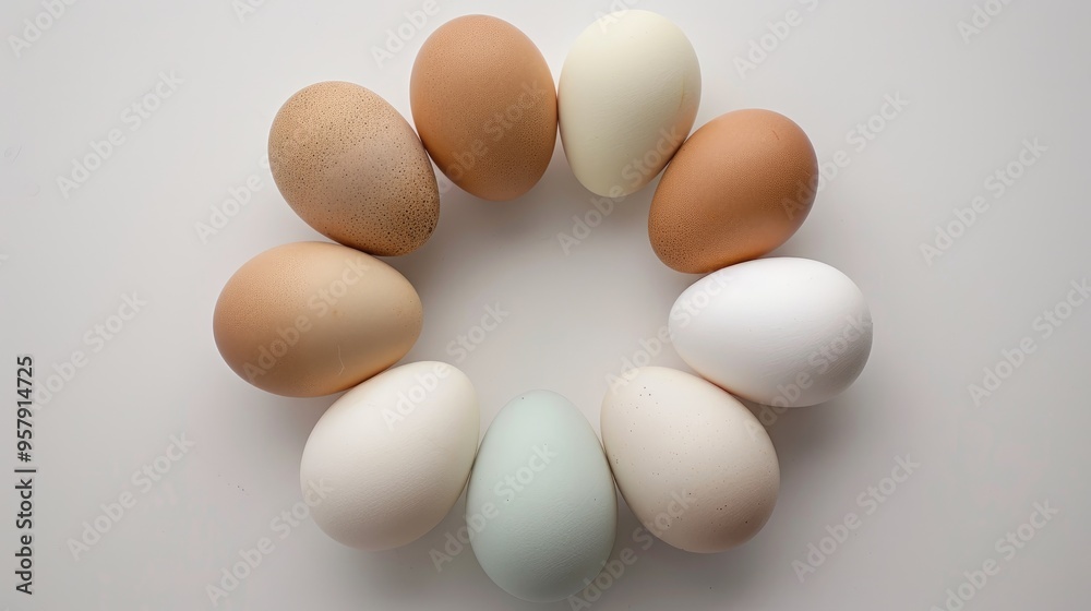 Seven eggs in circular formation on white backdrop Seven eggs in circular formation on white backdrop