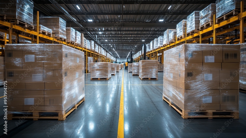 Pallets of goods wrapped in thick, protective plastic, ready for shipping, placed in a large, organized storage area, with forklifts in the distance