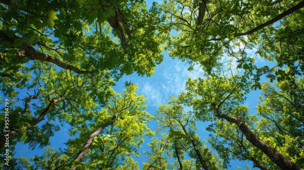 Obraz premium Shaded Trees and Blue Sky Seen from Below