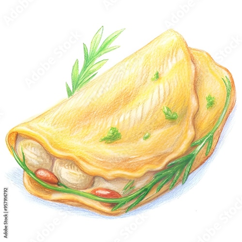 A delicious hand drawn illustration of a folded omelette filled with mushrooms. tomatoes. and herbs.