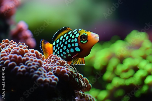 A Colorful Fish with White Spots Swimming Near Coral in a Reef Tank photo