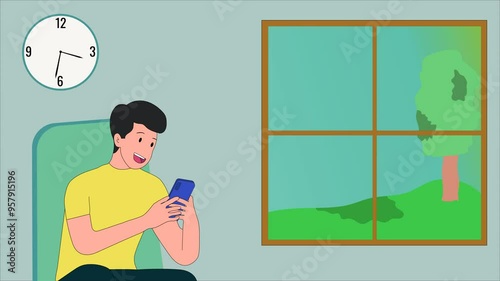 Animated illustration of a person who is busy playing on his cellphone with social media until he spends all day, addicted to gadgets and forgets the time. 4k resolution
 photo