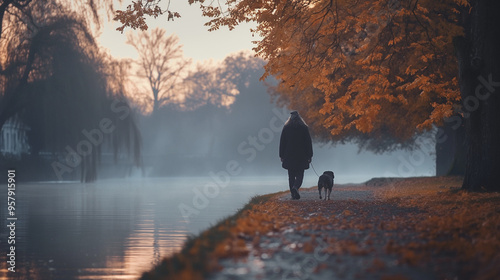 A person walking a dog along a foggy path in the early morning 