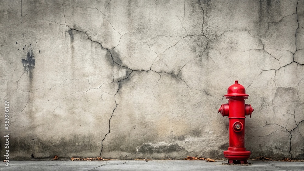 Cracked concrete wall with red fire hydrants on each side Cracked concrete wall with red fire hydrants on each side