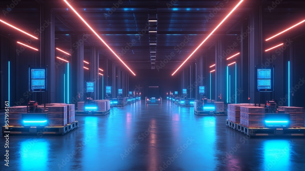 Robots meticulously arranging products on pallets in a smart warehouse, bathed in neon blue light, with holographic screens showcasing logistics data, sci-fi aesthetic, hyper-realistic render Robots meticulously arranging products on pallets in a smart warehouse, bathed in neon blue light, with holographic screens showcasing logistics data, sci-fi aesthetic, hyper-realistic render