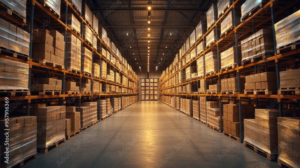 Rows of pallets organized in a state-of-the-art warehouse, reflecting advanced logistics and storage solutions, warm lighting for ambiance Rows of pallets organized in a state-of-the-art warehouse, reflecting advanced logistics and storage solutions, warm lighting for ambiance