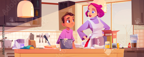 Mom and son on messy kitchen cook food at home. Woman character with boy together cooking meal for dinner background. Adult helping sad kid to make breakfast or lunch cartoon motherhood illustration