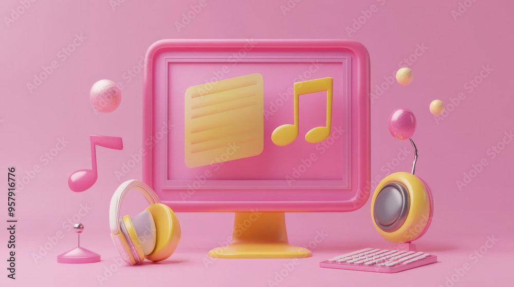 A 3D render showcasing a computer window browser actively playing a video or music streaming online. The browser window is prominently displayed on a sleek, modern desktop interface. The video or musi A 3D render showcasing a computer window browser actively playing a video or music streaming online. The browser window is prominently displayed on a sleek, modern desktop interface. The video or musi