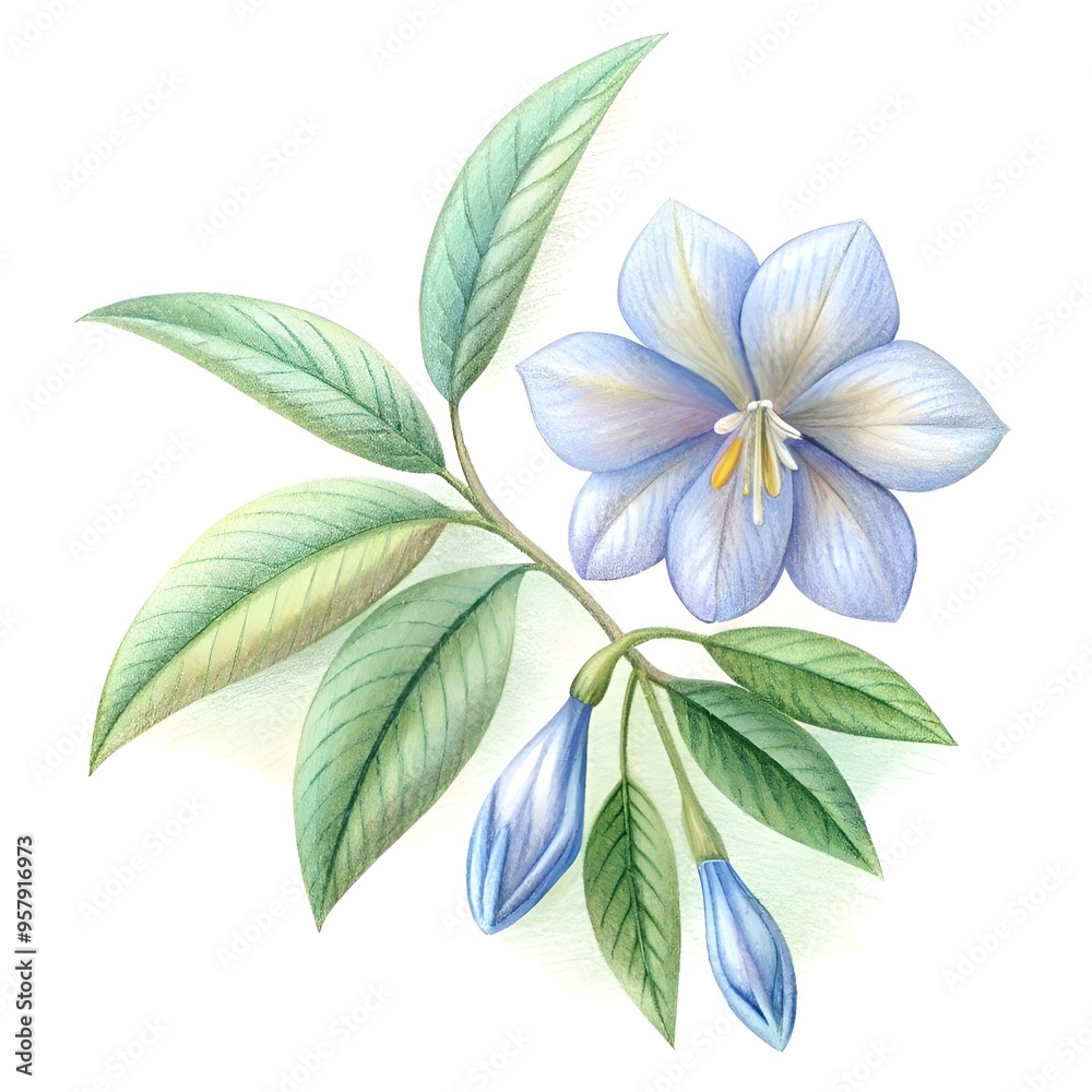 Delicate watercolor illustration of a Cassia flower with lush green leaves and buds. Delicate watercolor illustration of a Cassia flower with lush green leaves and buds.