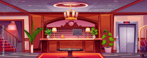 Hotel lobby interior with lift. Office reception near elevator cartoon background. Luxury business hallway area inside with desk, computer, table and stair. Welcome indoor corridor for reservation