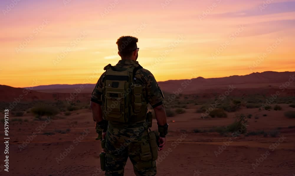 Barbadian Man in Desert with Armed Soldiers at Sunset Barbadian Man in Desert with Armed Soldiers at Sunset