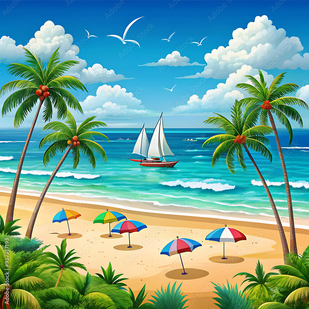 Beach vector view illustration of holiday destination in flat style design Beach vector view illustration of holiday destination in flat style design
