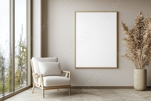 Poster Frame in Beige minimalist living room interior created with generative AI